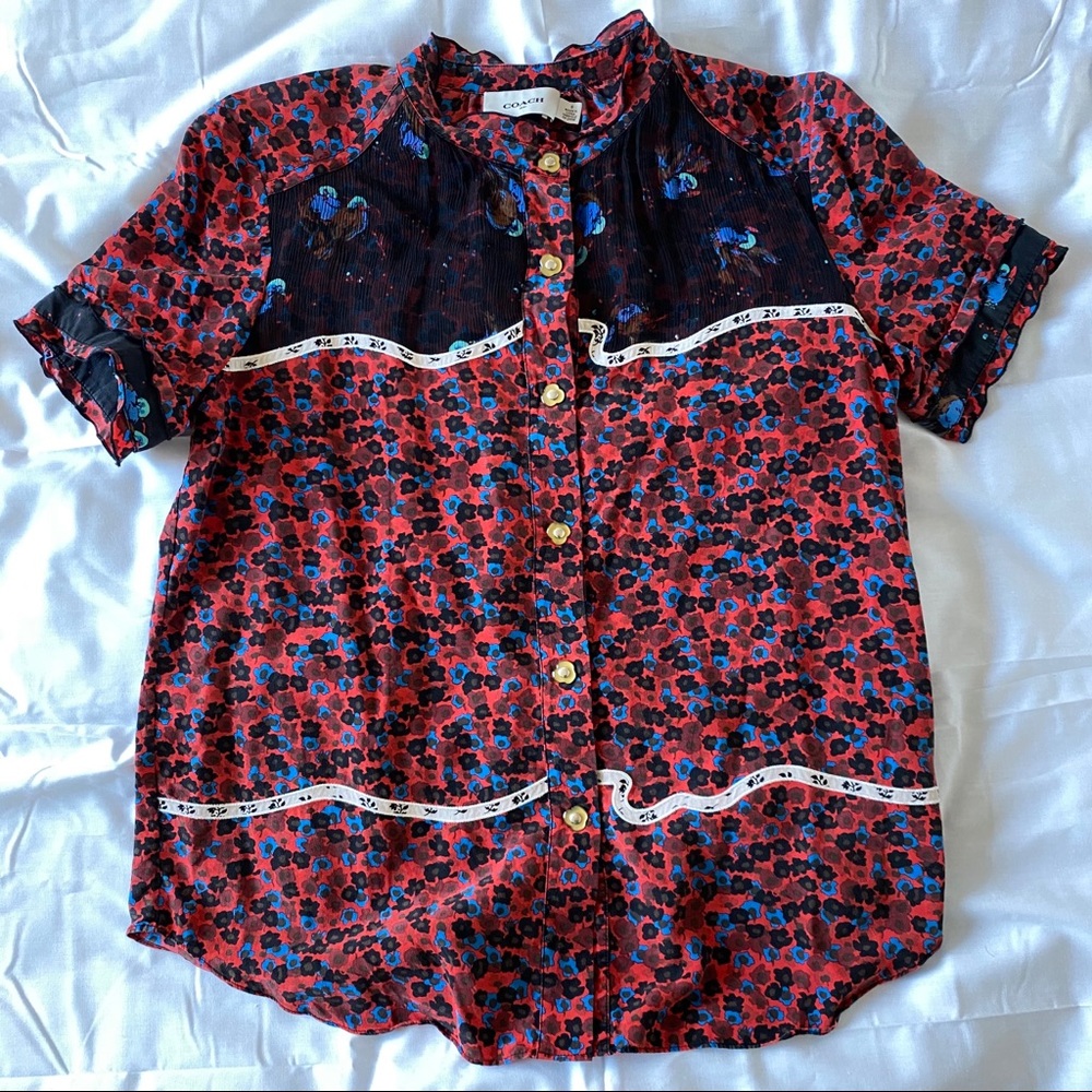 Coach Red Floral Button Up Short Sleeve Blouse